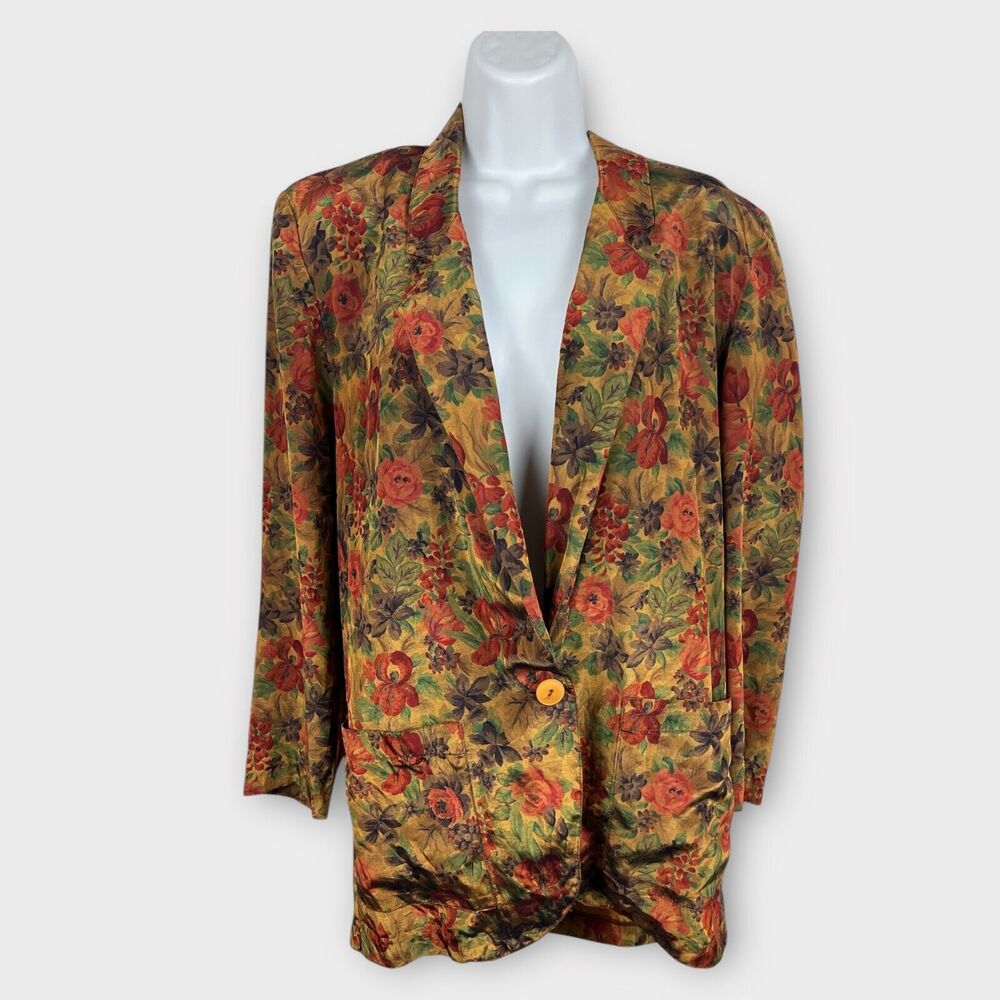 Vintage 70s Women's Metallic Sheen Dark Wallpaper Floral Blazer Jacket M/L